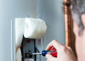 man doing maintenance on insulated hot water heater to reduce water heater energy bill expenses